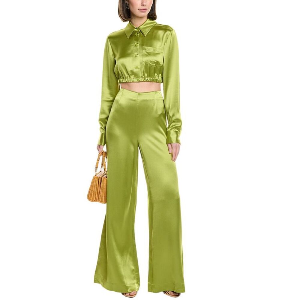 STAUD Lime Green Satin Straight-Leg Pants